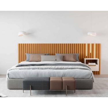 Imagem de Cabeceira Ripado Para Cama King Size Maracá Nature Com Mesa de Cabeceira Jatobá Com Led OffWhite - Rede Móveis