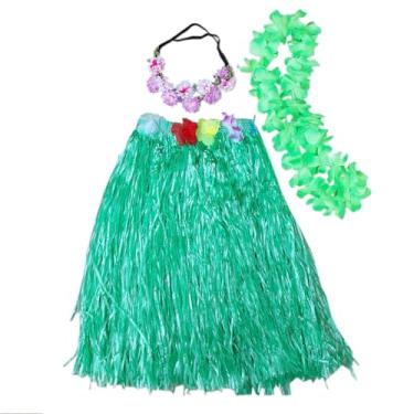 Imagem de Fantasia Adulto Havaiana Festa Temática Tropical Luau Carnaval Hawaiana: Saia + Colar + 2 Tiaras Flores Cores Sortidas (Verde)