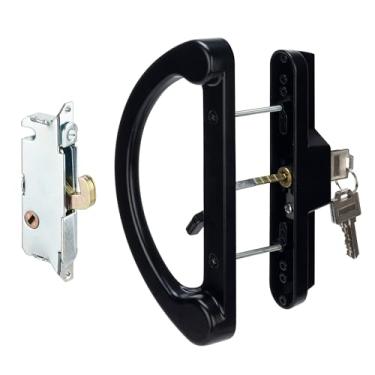 Imagem de Maçaneta de porta de vidro deslizante com trava de encaixe e cilindro de chave, fechadura de porta de pátio com chave de substituição conjunto de maçaneta de porta deslizante para espaçamento de
