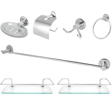 Imagem de Preminox Kit Acessórios 7 Peças Para Banheiro Com Porta Shampoo Reto 30cm Prata Moderno