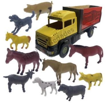 Imagem de Animais da Fazenda Caminhão Brinquedo Kit 10 Bichos com Carreta Infant