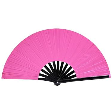 Imagem de Gionforsy 1 peça ventilador de mão rave ventilador de bambu grande ventilador dobrável com tecido de cor brilhante ventilador dobrável para festival (vermelho rosa)