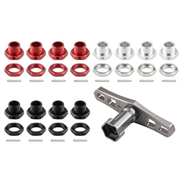 Imagem de Rchobbytop 12 conjuntos de adaptadores hexagonais de 17 mm de alumínio com pinos porcas de roda e 1 ferramenta de chave de soquete para carro RC escala 1/8, carrinho de passeio de caminhão truggy, vermelho, prata e preto
