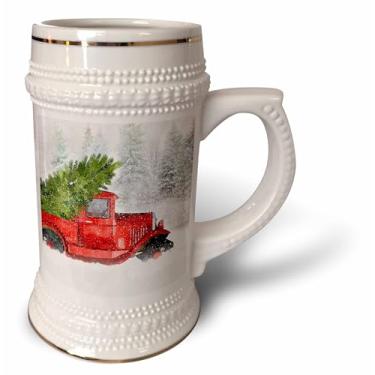 Imagem de 3dRose Caminhão vermelho antigo clássico vintage com árvore de Natal na floresta neve - caneca de Stein, 510 g, 623 g, branco