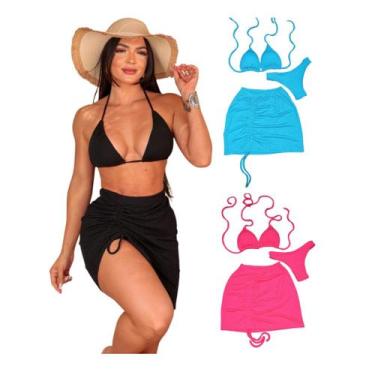 Imagem de Kit 3 Biquíni Com Saia peças Brilhante Premium - Praia - Betanqur, Azu