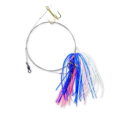 Imagem de C&H Lures, King Buster Kingfish Pro -Rig, cabeça de 1/226.8 g, saia Mylar azul/rosa/pérola, dois ganchos agudos #4 4X, giratório, fio líder de fio único de aço inoxidável, 9 m