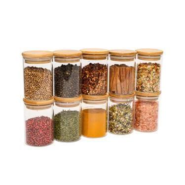 Imagem de Kit 10 Potes De Vidro Hermético Para Tempero Com Tampa De Bambu 200ml 