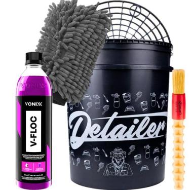 Imagem de Balde 19Litros Shampoo V-floc Luva Microfibra Pincel - DETAILER, Preto