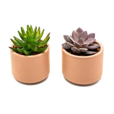 Imagem de Kit 2 Arranjos Artificial Planta Suculenta Verde Vasos Vasinhos Cerâmi