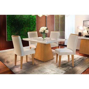 Imagem de Conjunto: Mesa de Cozinha Luna Tampo Madeirado c/ Vidro Canto Reto 120x80cm e 4 Cadeiras Lunara Capuccino/Suede Creme - Rufato