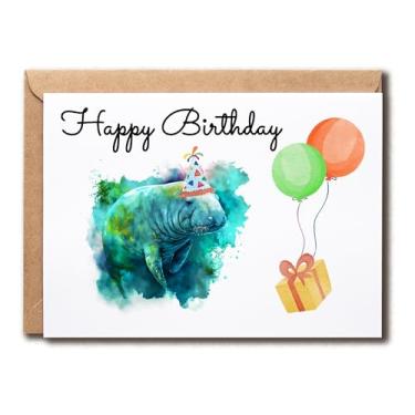 Imagem de SNMDesigns Cartão de feliz aniversário peixe-boi - Cartão de animal com balões - Cartão de aniversário de peixe-boi - Cartão exclusivo de aniversário - Lembrança do peixe-boi, 12,7 x 17,8 cm