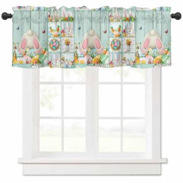 Imagem de Cortina de saia de cauda de coelho da Páscoa, coelhinho de páscoa, grão de madeira verde, cenoura, tratamento de janela para cozinha, bumbum de coelho em madeira azul-petróleo para sala de estar 137