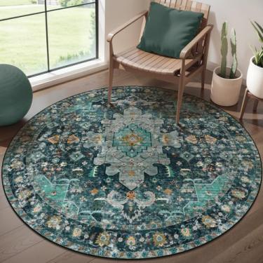 Imagem de Ciicool Tapete de área lavável, redondo, 1,2 m x 10,2 m, azul-petróleo, boho, antiderrapante, entrada oriental, tapete de piso para interior para sala de estar, lavanderia, hall de entrada, decoração