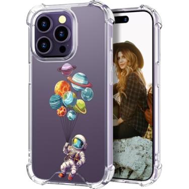 Imagem de Hungo Capa compatível com iPhone 14 Pro para mulheres meninas design claro bonito, designer feminino estética telefone 14 Pro capas desenho animado astronauta voando arte espaço planetas galáxia