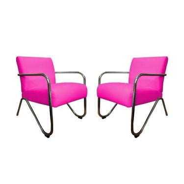 Imagem de Kit 2 Poltronas Decorativa Bela Couro Rosa Pink Braço Cromado Mz Decor