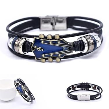 Imagem de BlingNook Pulseira retrô de couro sintético, pulseira de couro decorativo em forma de guitarra de liga de zinco, punk, trançada, multicamadas, rock, guitarra, pulseira, presente para amantes de