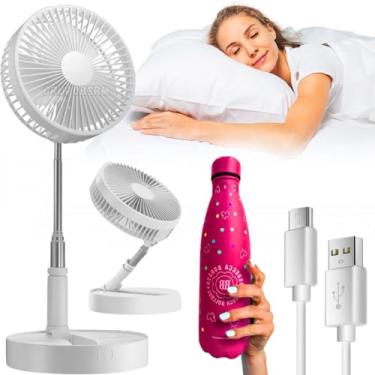 Imagem de Ventilador portátil dobrável silencioso para dormir baixo ruido bateria recarregável 4 velocidades bivolt Voltagem 110v 220v + garrafa squeeze rebecca bonbon 500ml aço inox (Rosa)