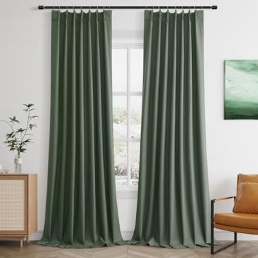 Imagem de Cortinas blackout de linho verde-oliva 224 cm de comprimento, conjunto de 2 painéis para sala de estar e quarto, cortinas plissadas com isolamento térmico 100% preto com ganchos, cortinas com abas