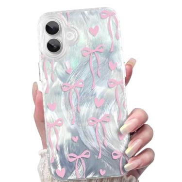 Imagem de AIGOMARA Capa para iPhone 16 Plus, lindo coração rosa e laço de fita transparente capa de telefone estética moderna macia fina TPU e PC traseira protetora à prova de choque para mulheres meninas