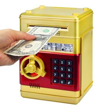 Imagem de Cofrinhos para crianças, senha eletrônica para crianças, caixas eletrônicos, mini caixa eletrônico para economizar dinheiro e moedas, ótimo presente de aniversário para meninos e meninas (ouro)