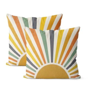 Imagem de GOLIANDA Capas de travesseiro Boho 50 x 50 conjunto de 2 fronhas decorativas coloridas amarelas luz do sol verão arco-íris sol ao ar livre capa de almofada linda casa de fazenda decoração de linho
