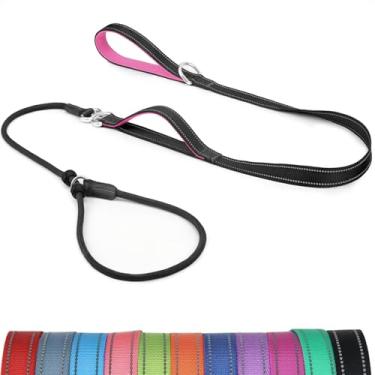 Imagem de Erbine Coleira deslizante para cães de 1,8 m com alça acolchoada dupla, guia antiderrapante para cães, coleira de treinamento refletiva de nylon sem puxar para cães pequenos e médios, preta/rosa