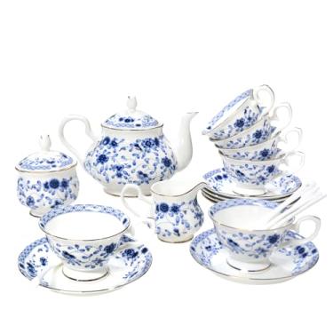 Imagem de LE POTOCIO Conjunto de chá Bone China, conjunto de chá de porcelana de 21 peças para adultos, xícaras de chá e pires para 6, com bule, colheres, açucareiro, jarro de creme, conjunto de chá vintage para mulheres festa de chá (azul)