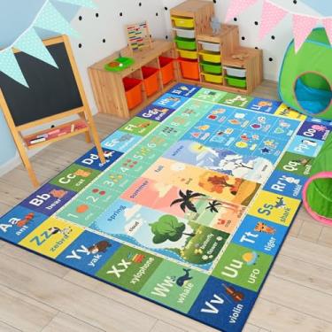 Imagem de Macgace ABC Tapete infantil para sala de jogos, tapetes laváveis para sala de aula, tapete educativo infantil com números do alfabeto e formas de estações, diversão para crianças em idade pré-escolar