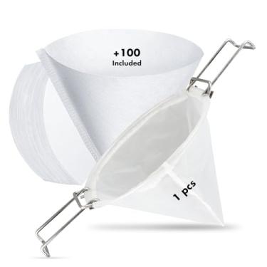 Imagem de 100 filtros de óleo de fritadeira, filtros de filtro de cone de óleo para fritadeira profunda com suporte de filtros de óleo de fritadeira comercial de 25,4 cm, cones de filtro de graxa para
