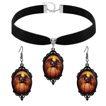 Imagem de QLUYCKW Conjunto de brincos com pingente de abóbora de vidro gótico para mulheres e homens, estilo punk, vintage, estilo escuro, morcego de abóbora, preto, veludo, gargantilha de veludo, joia