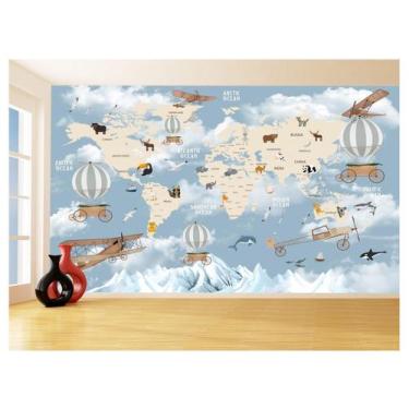 Imagem de Papel De Parede 3D Mapa Mundi Kids Avião Balão 3,5M Nmu88 - Você Decor