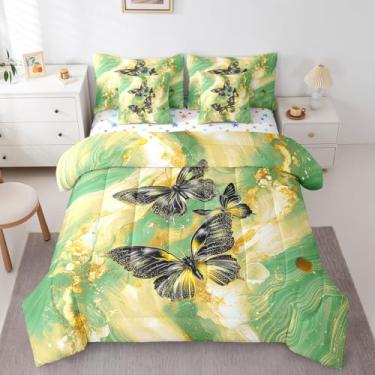 Imagem de Jogo de cama queen em mármore dourado, 7 peças, borboleta amarela, mármore, verde, arte fluida, arte fluida, animal rústico, borboletas sonhadoras, decoração de quarto