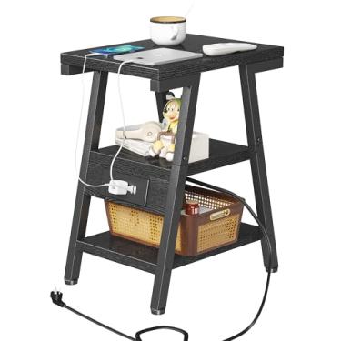 Imagem de Homeiju Mesa Lateral Com Estação De Carregamento, Mesas Laterais Pequenas Lucky 7 Em Formato Metal, Cabeceira 3 Níveis, Tomadas E Portas Usb, Pés Niveladores Ajustáveis, Para Sala Estar, Quarto (Pre