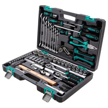 Imagem de Stels Jogo de Ferramentas 76 Peças - Soquetes 1/2" e 1/4", Aço Cromo Vanádio e S2 - Inclui Chaves, Alicates e Martelo - Kit Completo para Mecânicos e Reparos