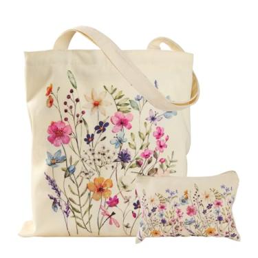 Imagem de VADOO Pacote com 2 sacolas de lona – com zíper e bolsa pequena, linda bolsa de ombro feminina reutilizável grande para academia, trabalho, viagens, biblioteca, compras