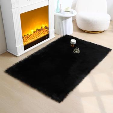 Imagem de CKLZSAY Tapete de pele de carneiro de pele sintética super macio e fofo tapete de área de pelúcia para quarto de criança almofada de sofá para sala de estar tapetes de cabeceira (preto, retângulo de 3