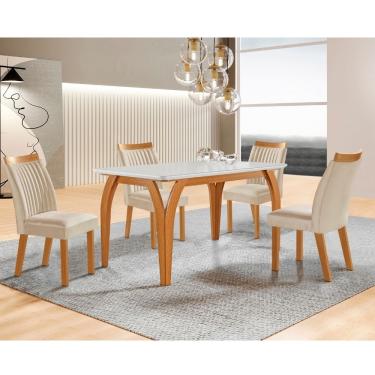 Imagem de Conjunto Sala de Jantar Mesa Agata com Tampo de Vidro 135cm e 4 Cadeiras em MDF Dara LJ Móveis - Castanho Cinamomo/ Creme/Off White