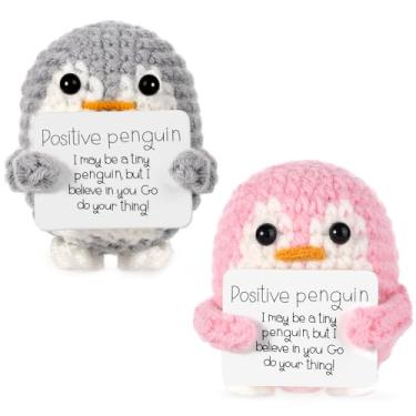 Imagem de lasuroa 2 unidades divertido pinguim positivo, brinquedo de pinguim de malha 6,5 cm com cartão positivo batata de vida positiva para família amigos decoração de casa (cinzento, rosa)
