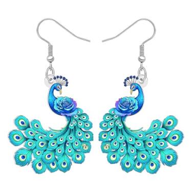 Imagem de DALANE Brincos pendentes femininos divertidos de acrílico com pavão azul, inspirados na natureza, lindos pássaros, joias hipoalergênicas para amantes de pássaros, pingentes de festa de aniversário