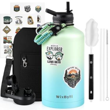 Imagem de WixByti Garrafa de água isolada de 1 litro, parede tripla a vácuo fria por 48 horas e à prova de vazamento e sem BPA, jarro de água grande esportivo de aço inoxidável de 3,628 g com cabo de paracorda,