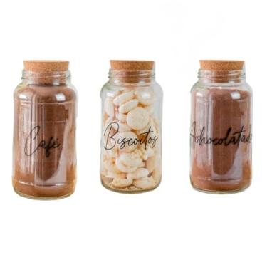 Imagem de Kit Cantinho do Café 810ml | ESCOLHA SEU KIT | Potes de Vidro | Tampa de Cortiça com ou sem Adesivos | Armazenamento(Café, Biscoitos, Achocolatado)