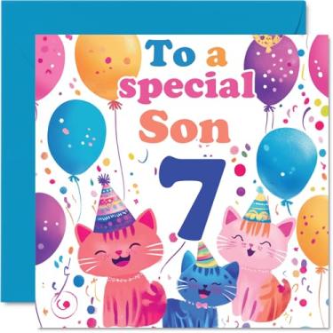 Imagem de Cartão de aniversário 7th Son - Cute Cats Special Son - Cartão de feliz aniversário de 7 anos para filho de mãe pai, 145 mm x 145 mm 7 anos sete cartões comemorativos para filho