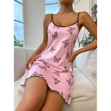 Imagem de Camisola Sexy Feminina com Estampa de Borboleta Rosa - Gola Redonda e 