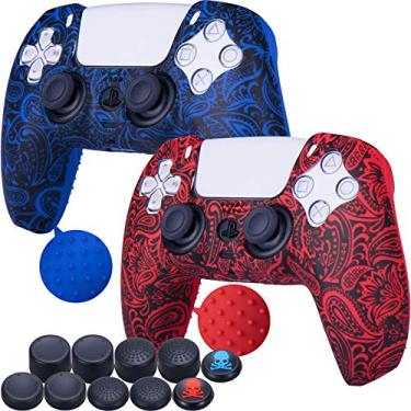 Imagem de 9CDeer 2 peças de película protetora de impressão de transferência de silicone + 10 pegadores de polegar para controle Playstation 5/PS5/Dualsense Folhagem vermelha e azul