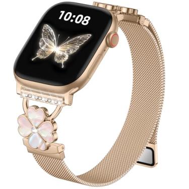 Imagem de Pulseira fina milanesa compatível com Apple Watch séries 10, 9, 8, 7, 6, 5, 4, 3, 2 e 1 de 44 mm, 45 mm, 46 mm, 49 mm e 42 mm, ultra SE, ouro real
