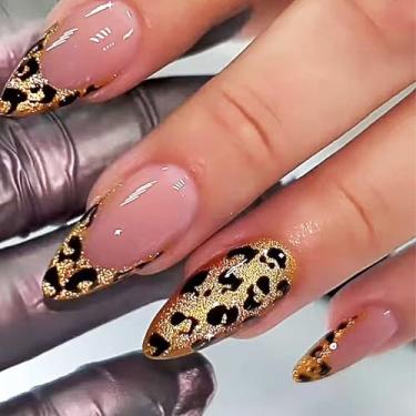 Imagem de Rilafuvu Unhas postiças de amêndoa – cola olho de gato, acrílico com glitter, unhas postiças brilhantes – ponta francesa, estampa de leopardo – 24 peças para mulheres e meninas