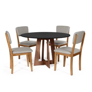 Imagem de Mesa De Jantar Redonda Montreal Pret/nor Com 4 Cadeiras Estofadas Ella Cinza Claro