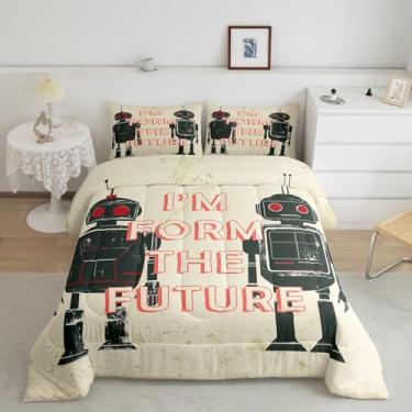 Imagem de Conjunto de edredom retrô, solteiro, robô futuro, decoração de quarto de crianças, meninos, meninas, máquina inteligente, bege, 2 peças, estilo ficção científica, vintage, 1 fronha
