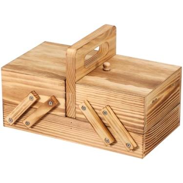 Imagem de DJAPWPX Cesto de costura de madeira com alça, caixa de costura expansível sem conteúdo, caixa de artesanato multifuncional para viagens em casa e emergência (cor queimadura clara)