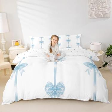 Imagem de Conjunto de capa de edredom de gravata borboleta tamanho casal, lindo conjunto de roupa de cama infantil, decoração de quarto de princesa feminina, capa de colcha azul, 2 fronhas (sem edredom)
